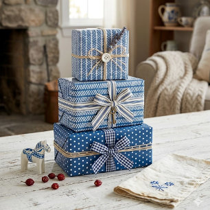Zickzack Streifen auf französisch-blau mit weißen  Geschenkpapier Set