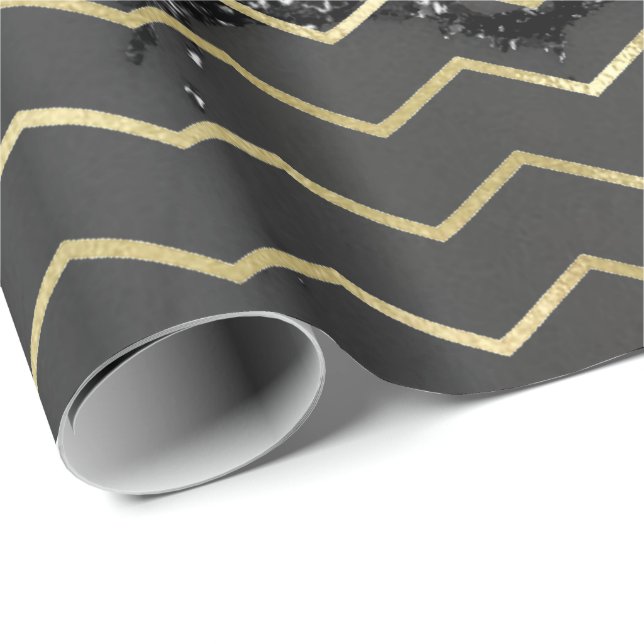 Zickzack Streifen Gold Glitzer Grau Marmorschwarz Geschenkpapier (Rolleneckpunkt)