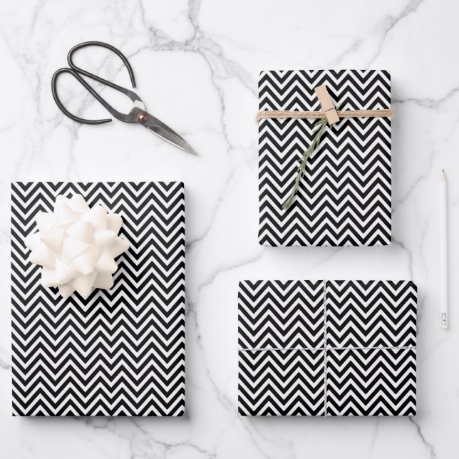 Zickzack Streifen in Schwarz und Weiß Geschenkpapier Set (Vorderseite)
