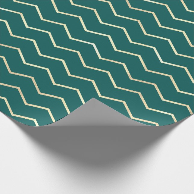 Zickzack Streifen Lines Gold Metallisches Aquamari Geschenkpapier (Ecke)