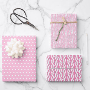Zickzack Streifen  weiße Punkte Baby Pink Geschenkpapier Set