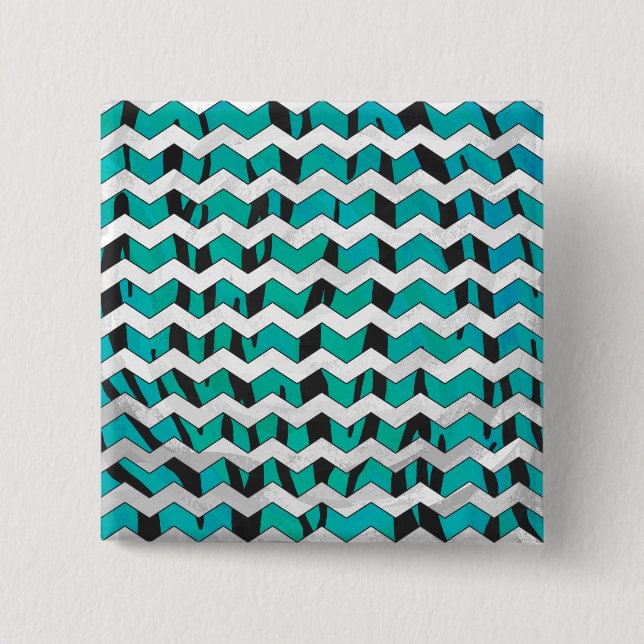 Zickzack Tiger Schwarz und Aquamarine Printmedien Button (Vorderseite)