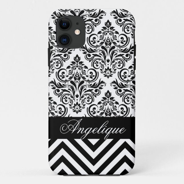 Zickzack Weiß des Damast-Designerschwarzen | Case-Mate iPhone Hülle (Rückseite)