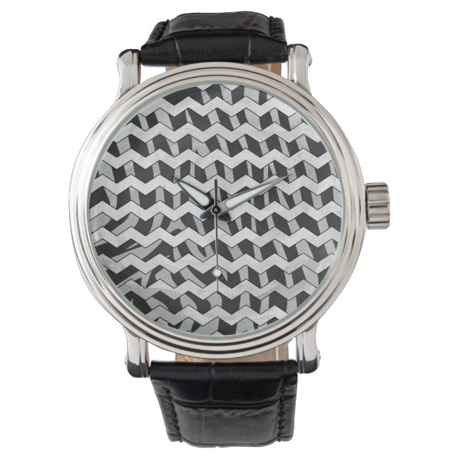 Zickzack Zebra-Muster in Schwarz und Grau Armbanduhr (Vorderseite)