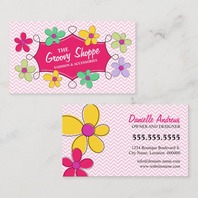 Zickzack Zigzag Floral Doodrahmen Rosa Visitenkarte (Vorne/Hinten)