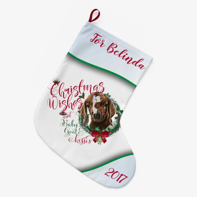 ZIEGE | Christmas wünscht Baby Goat Kisses Boer Großer Weihnachtsstrumpf (Vorderansicht (hängend))