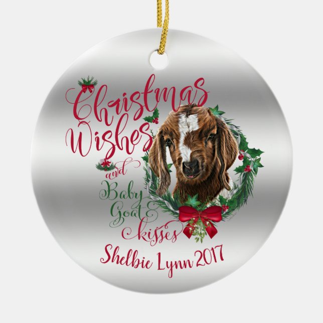 ZIEGE | Christmas wünscht Baby Goat Kisses Boer Keramikornament (Vorne)