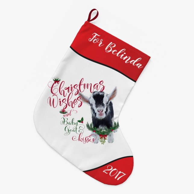 ZIEGE | Christmas wünscht Baby Goat Kisses Nigeria Großer Weihnachtsstrumpf (Vorderansicht (hängend))