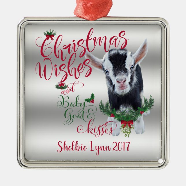 ZIEGE | Christmas wünscht Baby Goat Kisses Nigeria Silbernes Ornament (Vorne)