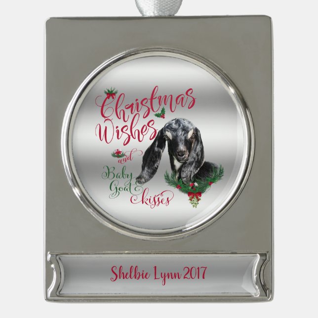 ZIEGE | Christmas wünscht Baby Goat Kisses Nubian Banner-Ornament Silber (Vorderseite)