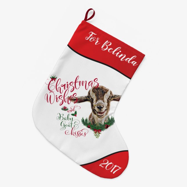ZIEGE | Christmas wünscht Baby Goat Kisses Togg Großer Weihnachtsstrumpf (Vorderansicht (hängend))