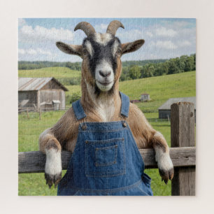 Ziege in blauer Latzhose aus Denim