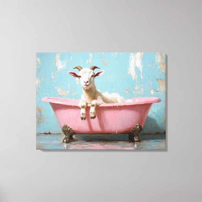 Ziege in einer rosa Badewanne Leinwanddruck (Vorderseite)