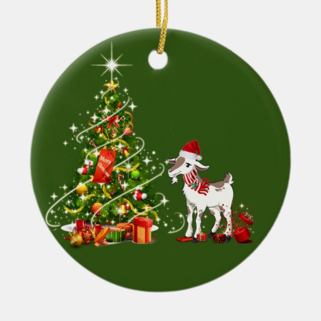 Ziege mit einem Hut Scheußchen Weihnachten Keramik Ornament (Vorne)