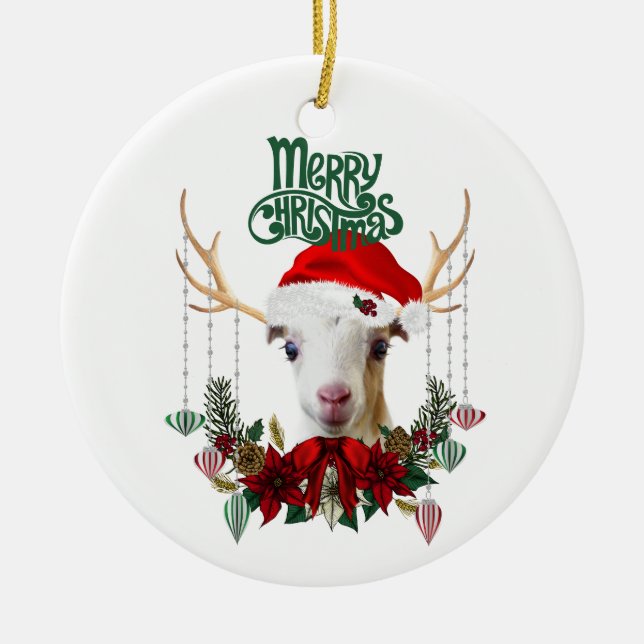 Ziege Weihnachten Schönes LaMancha Kind in Antlers Keramik Ornament (Vorne)