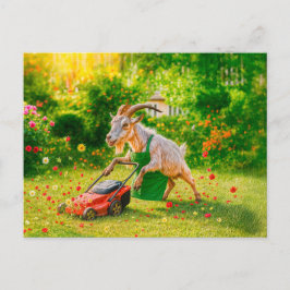 Ziege zerstört Garten mit Rasenmäher Feiertagspostkarte