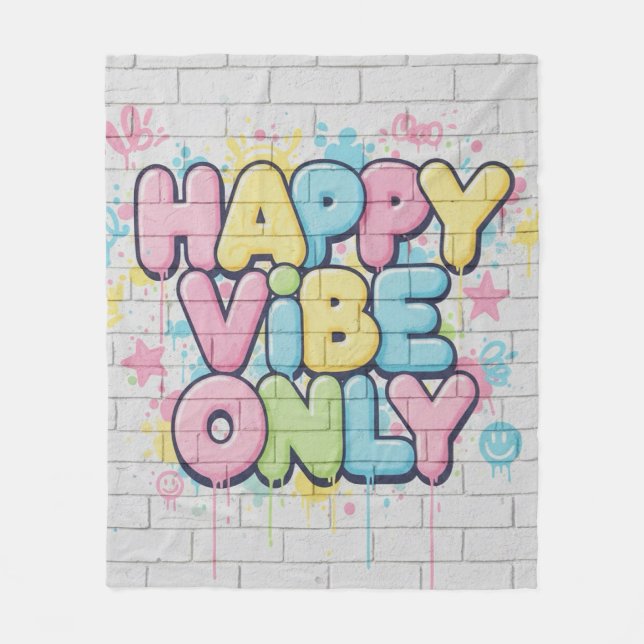 Ziegelstein mit farbenfrohem Text, der „Happy Vibe Fleecedecke (Vorderseite)