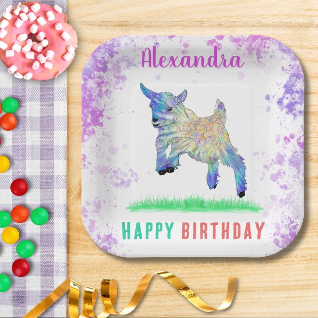 Ziegen Farm Animal Themed Party Pappteller (Cute goat farm animal birthday party paper plate colorful watercolor animal art)
