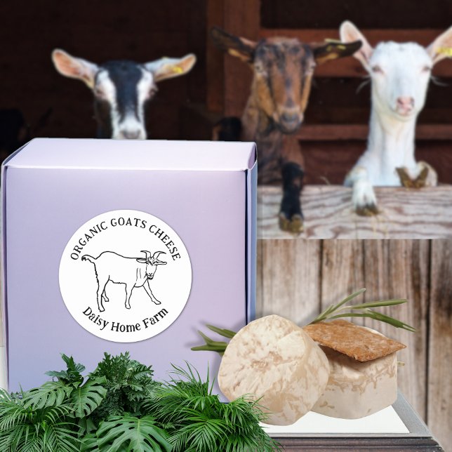 Ziegen Käse Firmenname Einfach Schwarz und Weiß Runder Aufkleber (Goats cheese custom business name product labels simple black and white cute farm goat drawing)