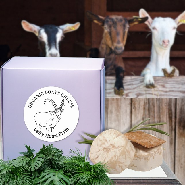Ziegen Käse schwarze und weiße Firmenbezeichnung Runder Aufkleber (Organic goats cheese custom business name labels black and white simple farm goat drawing)