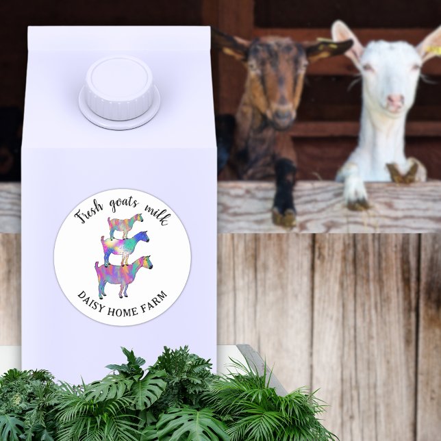 Ziegen Milch Firmenname Runder Aufkleber (Fresh goats milk custom business name product label sticker with funny colorful farm animal art)