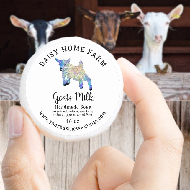 Ziegen Milch Seife Firmenname Website Inhaltsstoff Runder Aufkleber (Goats milk soap custom homemade produce label business website Cute colorful goat jumping)