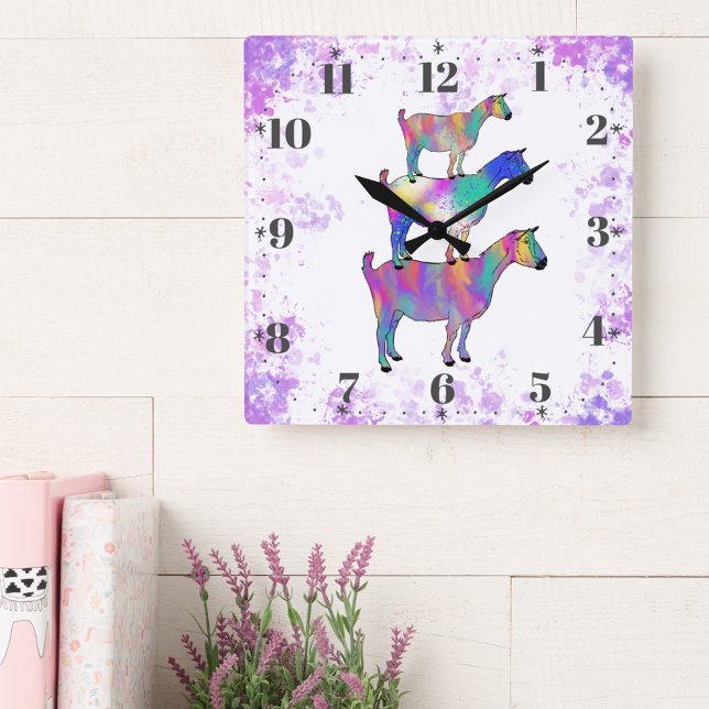 Ziegenfarben Quadratische Wanduhr (Colorful cute goat watercolor illustration wall clock )