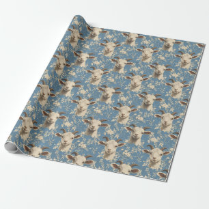 Ziegenköpfe & Blumen auf Blau Geschenkpapier