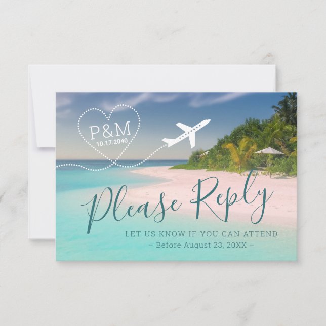 Ziel des Hochzeitsflugzeugs Tropical Beach RSVP Karte (Vorderseite)