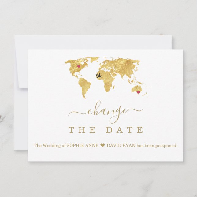 Ziel Gold Weltkarte Hochzeit ändern Datum Save The Date (Vorderseite)