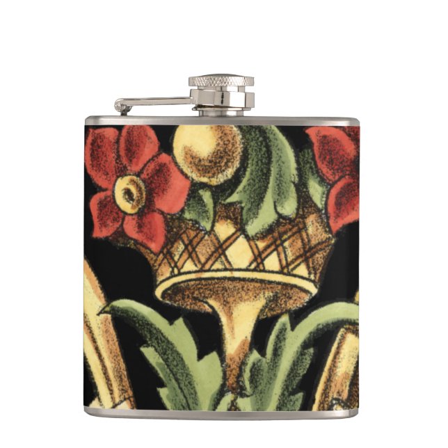 Zierblumendesign an schwarzen Grenzen Flachmann (Vorderseite)
