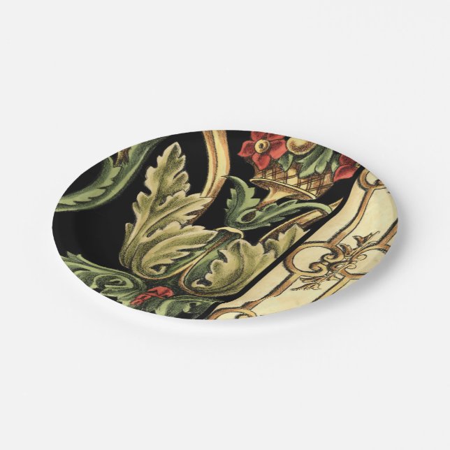 Zierblumendesign an schwarzen Grenzen Pappteller (Schrägansicht)