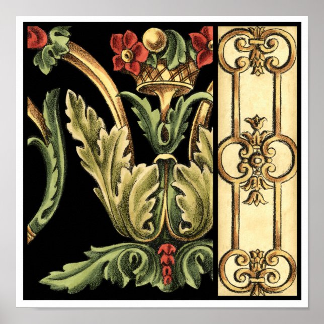 Zierblumendesign an schwarzen Grenzen Poster (Vorne)