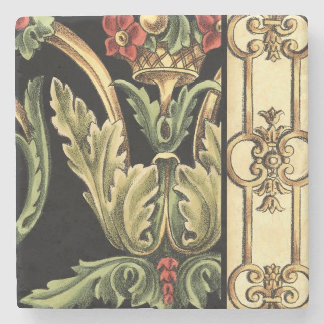 Zierblumendesign an schwarzen Grenzen Steinuntersetzer (Vorderseite)