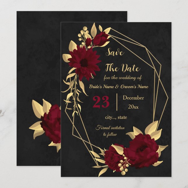 Zierbordeauxrot und schwarz, geometrisch save the date (Vorne/Hinten)