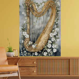 Zierharfe umgeben von weißen Blumen Poster