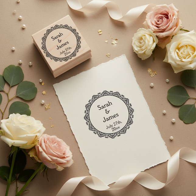 Zierkautschuk-Briefmarke für Hochzeiten Gummistempel (Romantic personalized wedding stamp.)