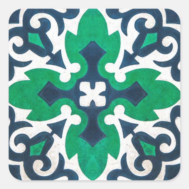 Zierkeil Damask Blau Grün Swirl Quadratischer Aufkleber (Vorderseite)