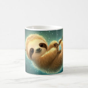 zierliches, lächelndes Faultier, das an einer Trag Kaffeetasse