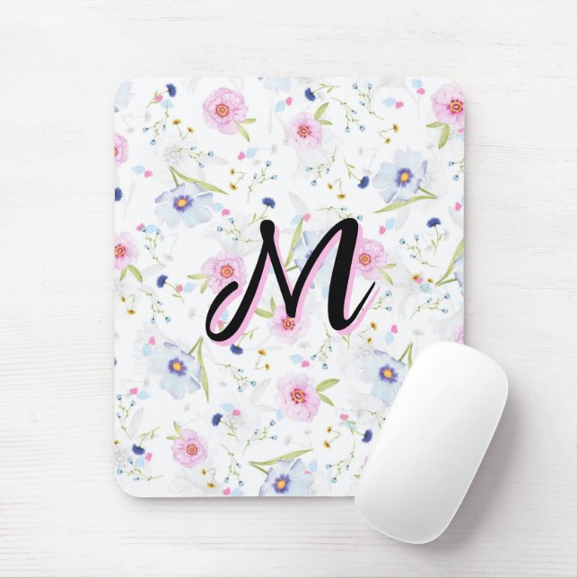 Zierliches Wildblumen-Script-Monogramm M Coquette Mousepad (Mit Mouse)