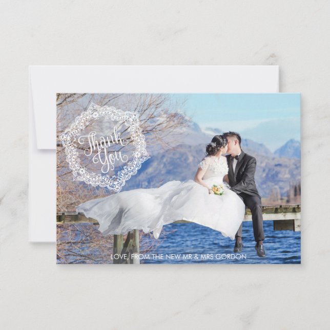 Zierstylische 2-Foto Hochzeit Dankeschön Karte (Vorderseite)