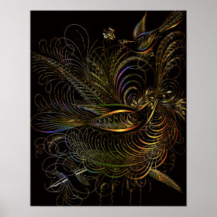 ZIERVÖGEL SCHWARZ GOLD BOTANISCHE KUNST POSTER