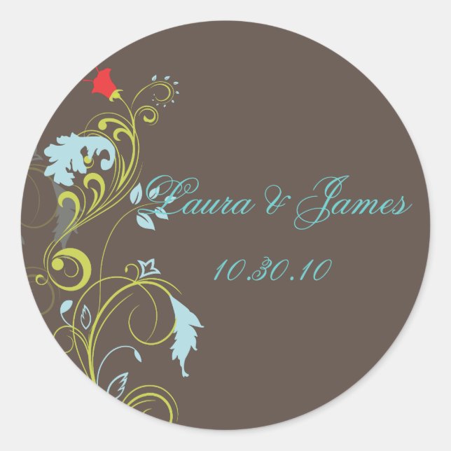 Zierweine/Aquablau/Chocol Hochzeitsaufkleber Runder Aufkleber (Vorderseite)