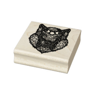 Zierwolf mit Blume und Mond Gummistempel