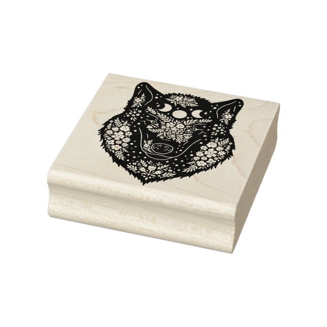 Zierwolf mit Blume und Mond Gummistempel (Stempel)