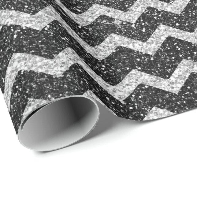 Zig Zag Zickzack Art Deco Grau Silver Glitzer Geschenkpapier (Rolleneckpunkt)