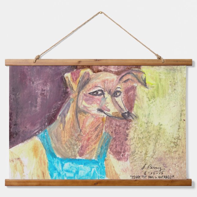 "Ziggy Der Hund in Overalls" Wandteppich Mit Holzrahmen (Vorne)