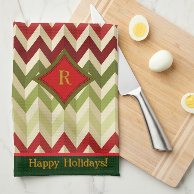Zigzag Christmas (Mit Monogramm) Geschirrtuch (Viertel Falte)
