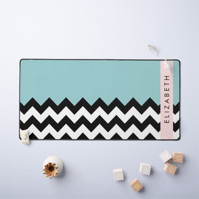 Zigzag noir et blanc, Chevron, Bleu, Votre nom (Tableau pour enfants)
