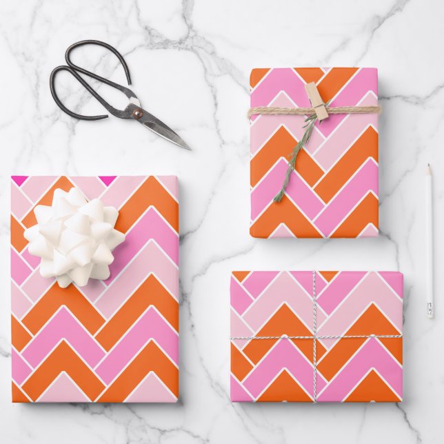 Zigzag, rosa und orange Zickzack Geschenkpapier Set (Vorderseite)